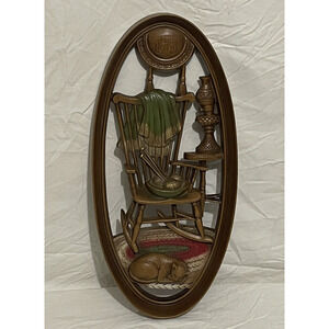Vintage‎ Burwood Oval Hanging Wall Plaque Plastic Rocking Chair & Cat on Rug MCM